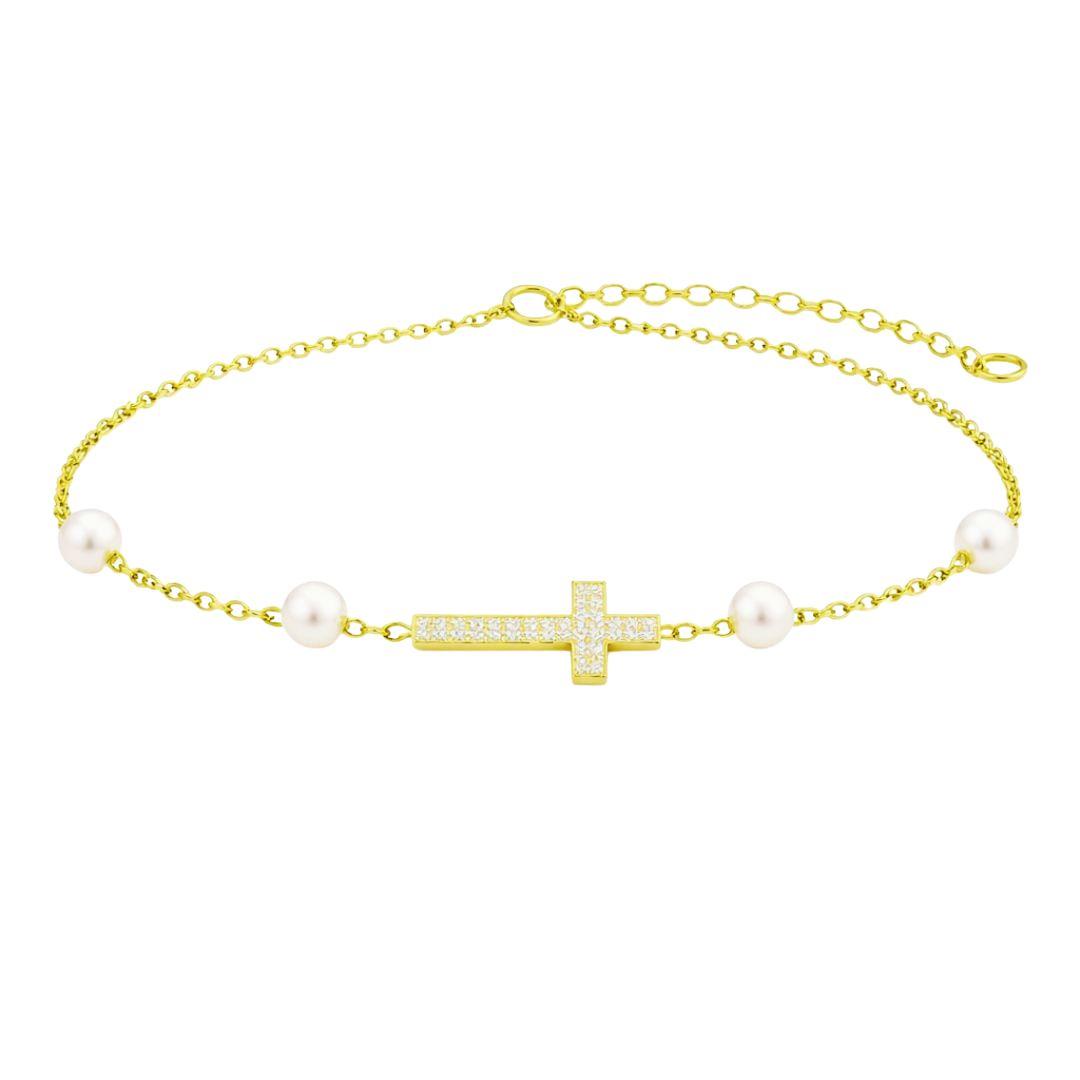 Pulsera Plata Chapada con Cruz y Perlas Blancas