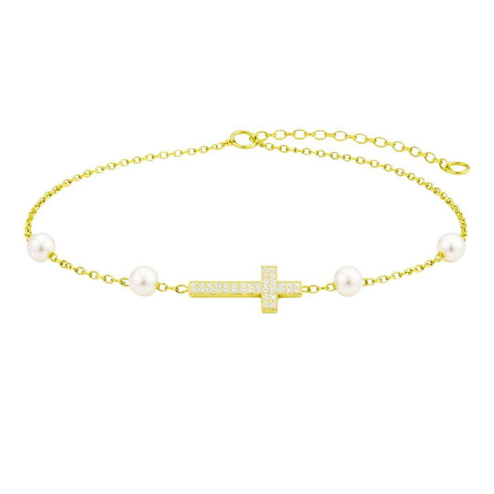 Pulsera Plata Chapada con Cruz y Perlas Blancas