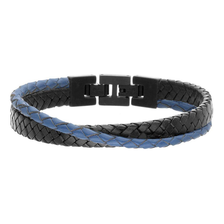 Pulsera de Cuero Trenzado Negro y Azul con Cierre de Acero Inoxidable 316L