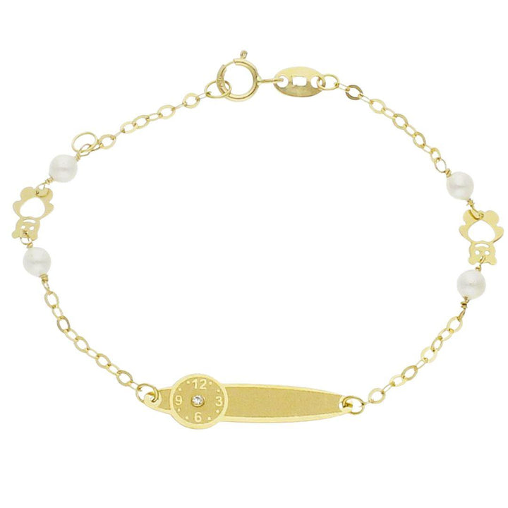 Pulsera 14 cm con perlas para bebe con placa motivó reloj y ositos de oro