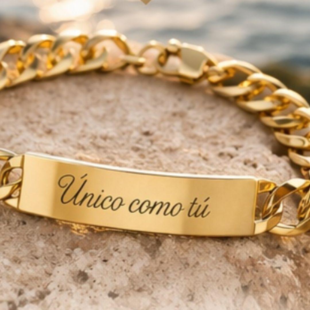 Pulsera de Hombre en Oro Amarillo 18K – Tipo Esclava con Cadena Barbada y Placa Fundida