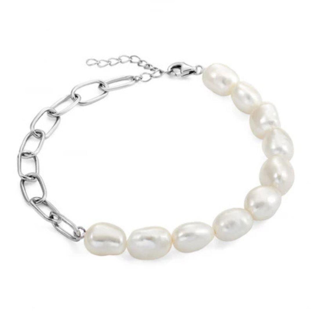 Pulsera de Plata 925 con Perlas Irregulares y Eslabones – Diseño Moderno