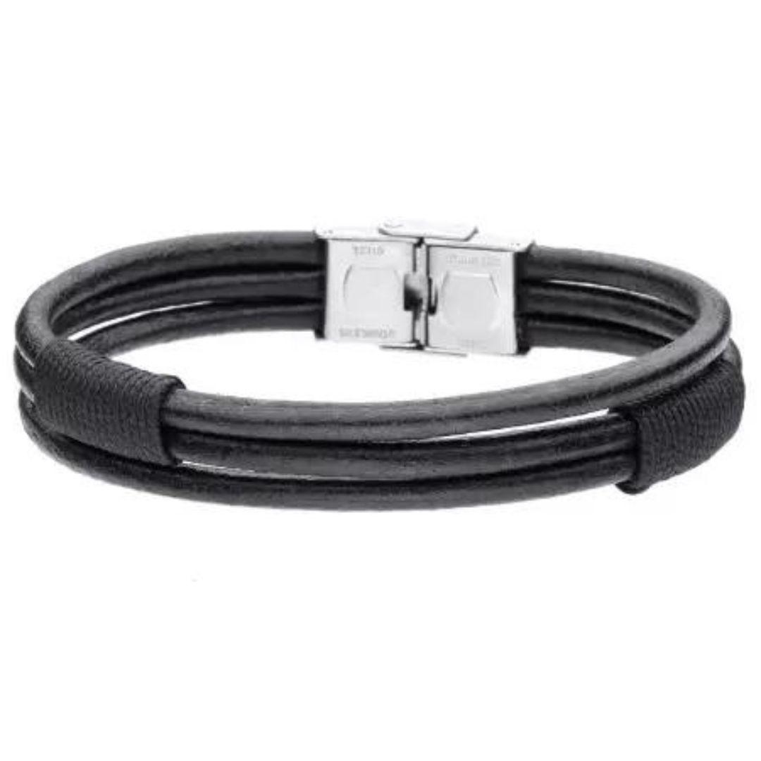Pulsera de Hombre Boho de Cuero Negro y Algodón