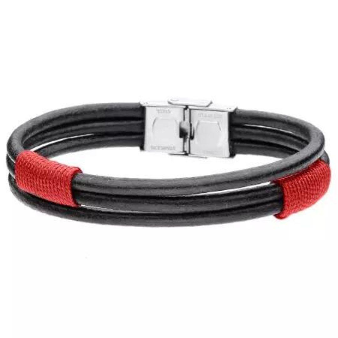 Pulsera de Hombre Boho de Cuero Negro y Algodón Rojo
