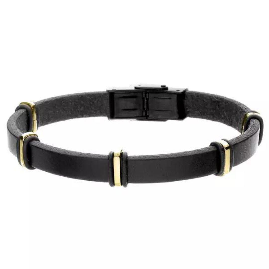 Pulsera de Hombre de Cuero Negro con Detalles Dorados