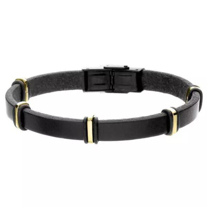 Pulsera de Hombre de Cuero Negro con Detalles Dorados