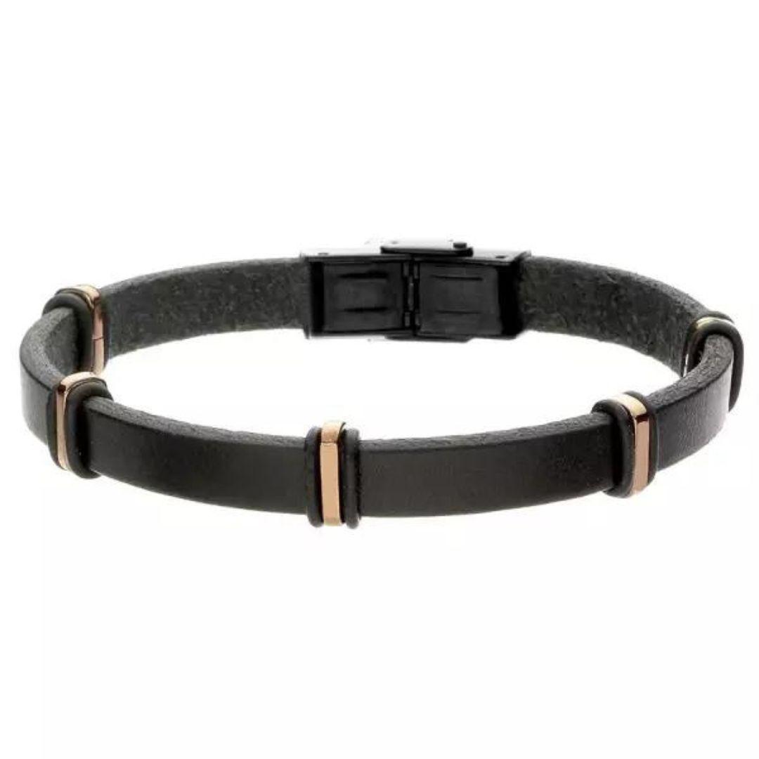 Pulsera de Hombre de Cuero Negro con Detalles Dorados