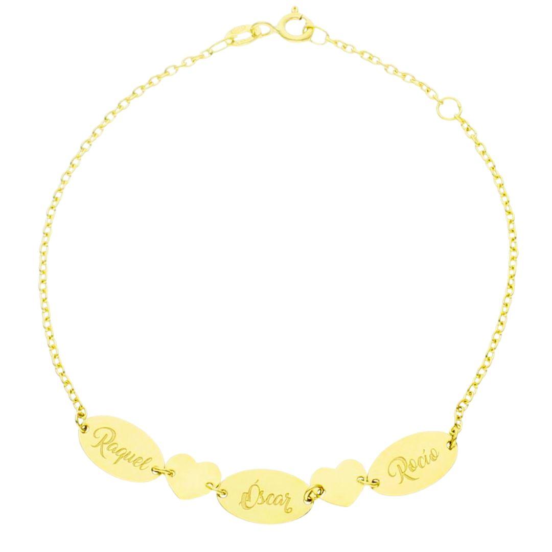 Pulsera personalizada de oro  con chapas - nombres con corazones