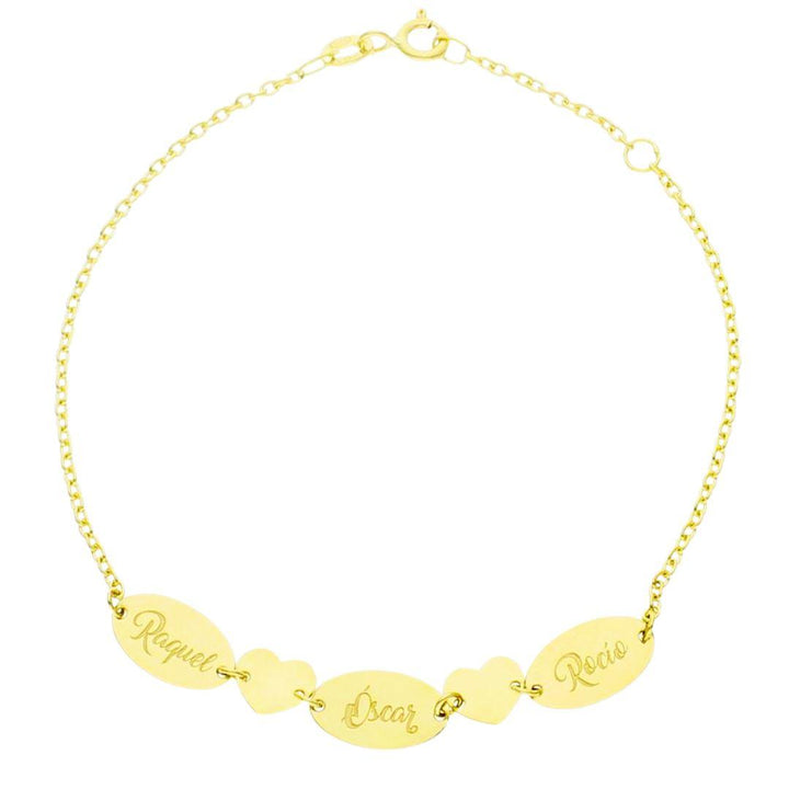 Pulsera personalizada de oro  con chapas - nombres con corazones