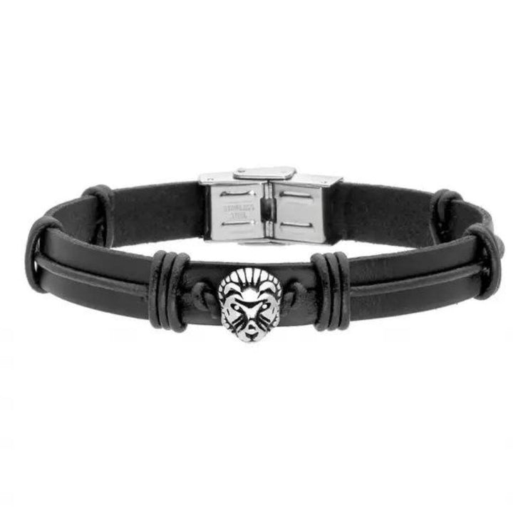 Pulsera de Piel Natural Negra y Acero Inoxidable 316L con Cabeza de León