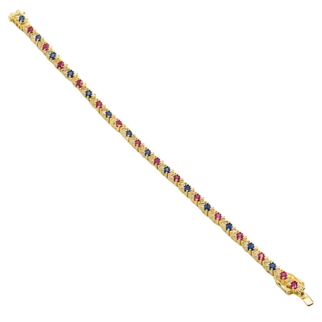 Pulsera de plata con piedras en línea con circonitas multicolor talla esmeralda y redonda cierre lengüeta