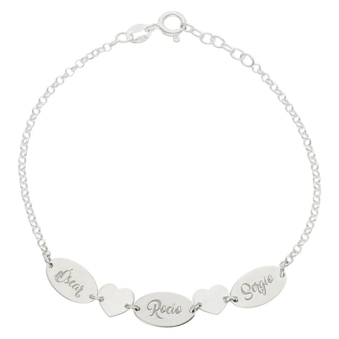 Pulsera de plata de primera ley personalizada con chapas - nombres con corazones