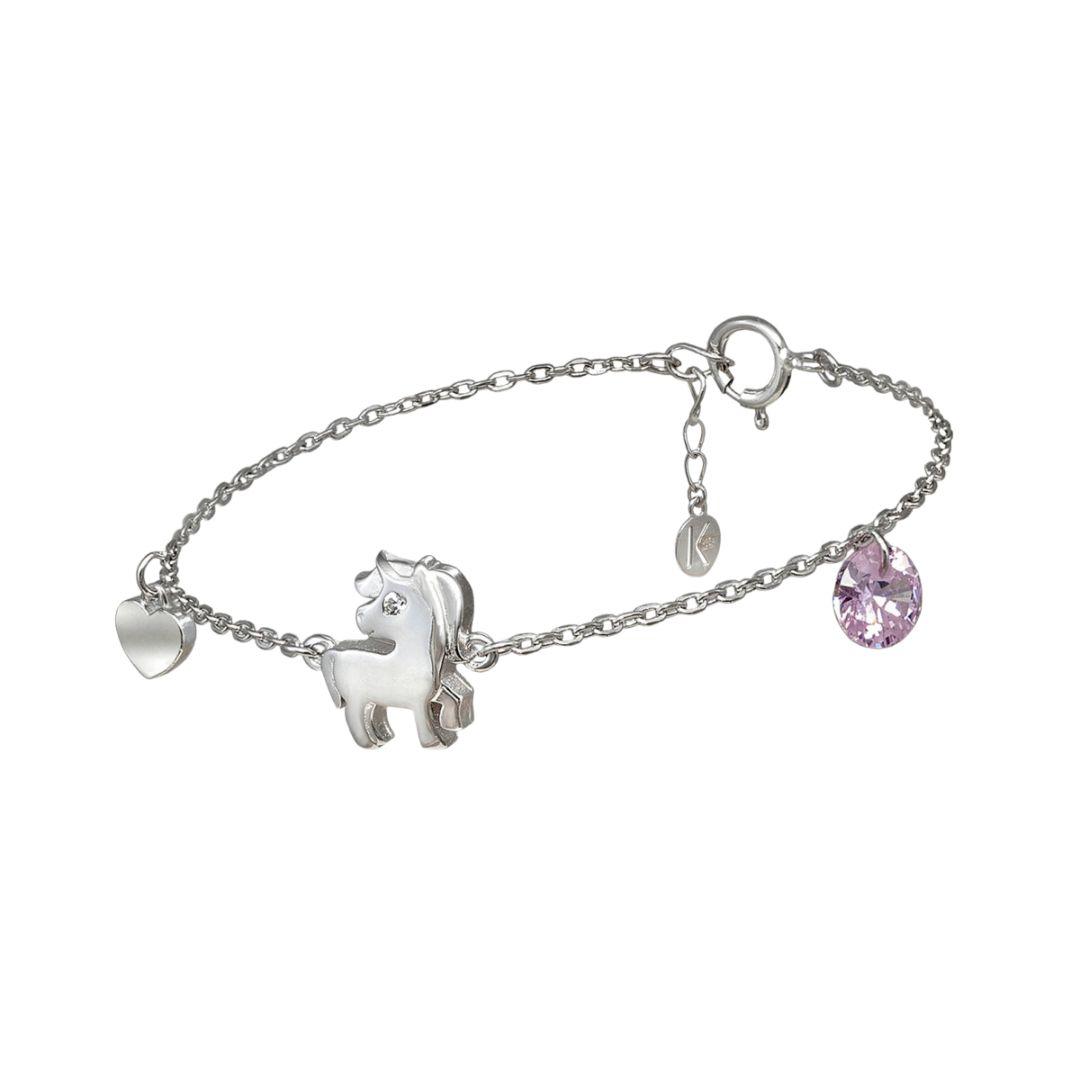 Pulsera de plata niña piedra rosa con unicornio y corazon