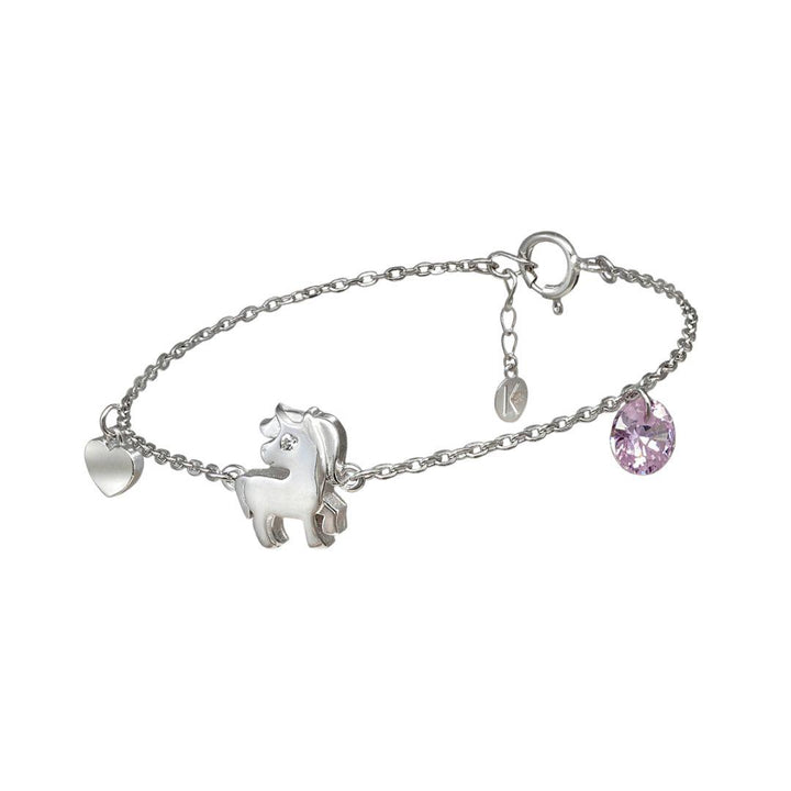 Pulsera de plata niña piedra rosa con unicornio y corazon