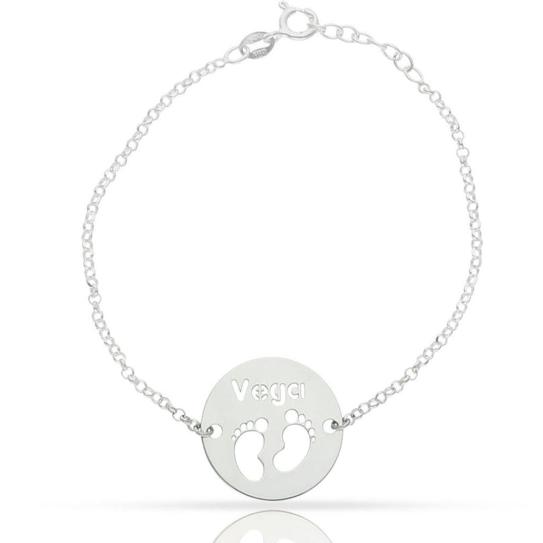Pulsera de plata personalizada nombre y pies calados