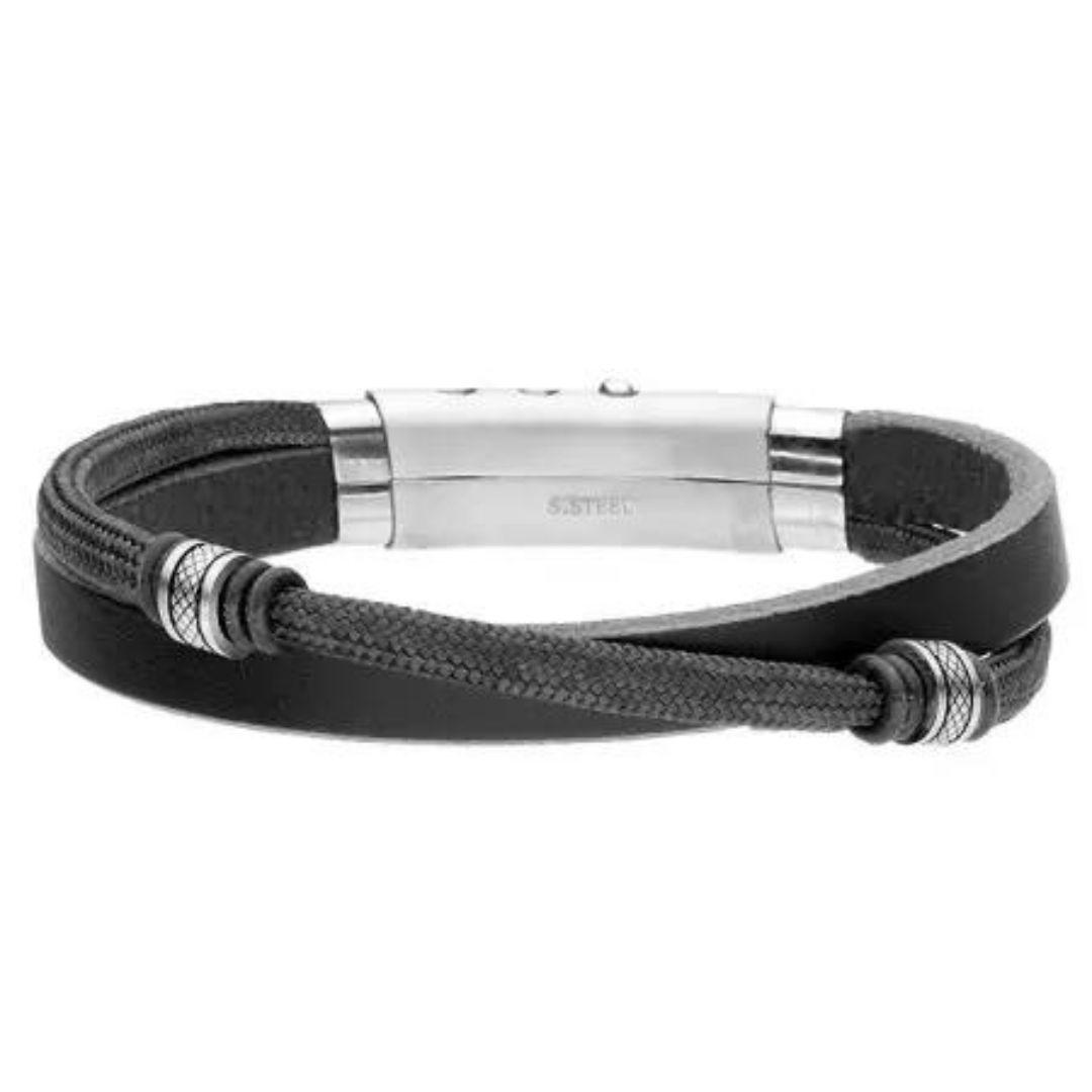 Pulsera de Hombre de Cuero Negro y Cordón de Algodón