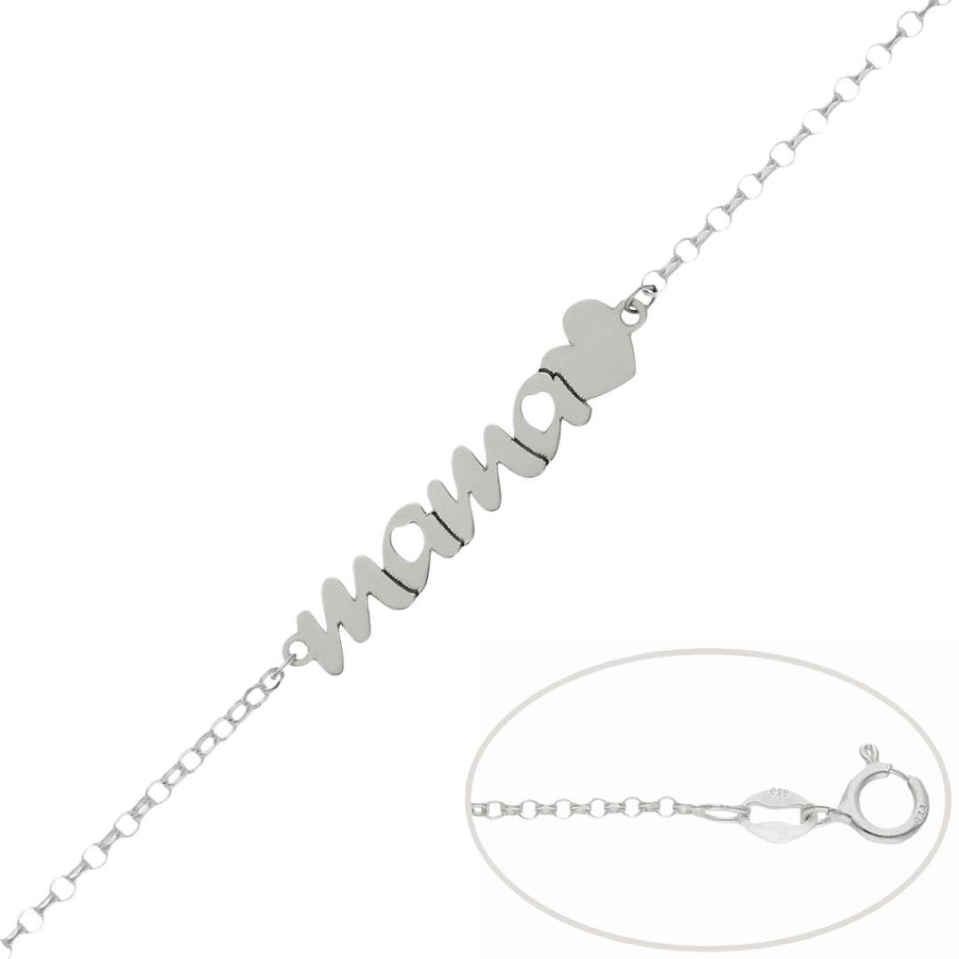 Pulsera personalizada de plata nombre y corazón Mama