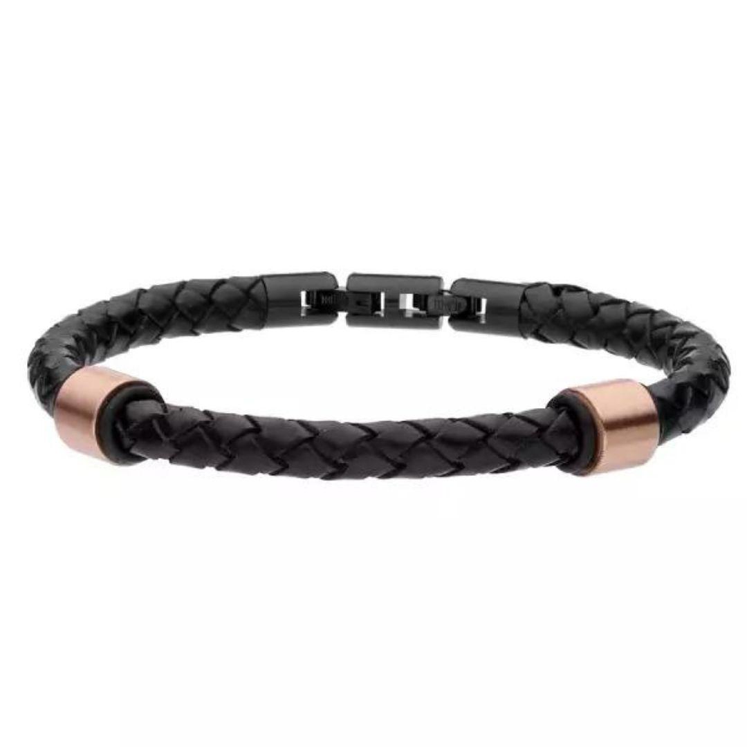 Pulsera de Hombre de Cuero Trenzado Negro y Oro Rosa