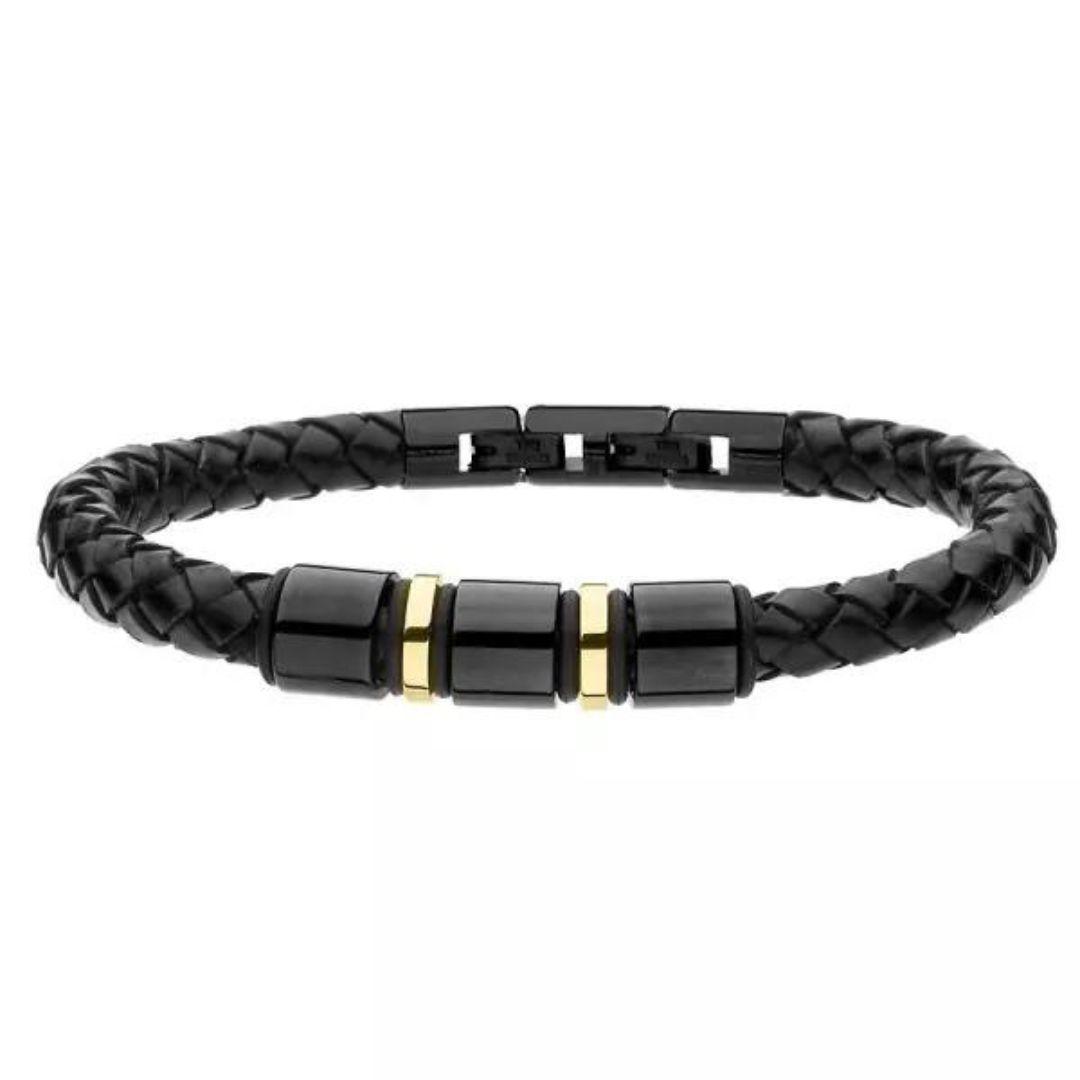 Pulsera de Hombre de Cuero Trenzado Negro y Dorado
