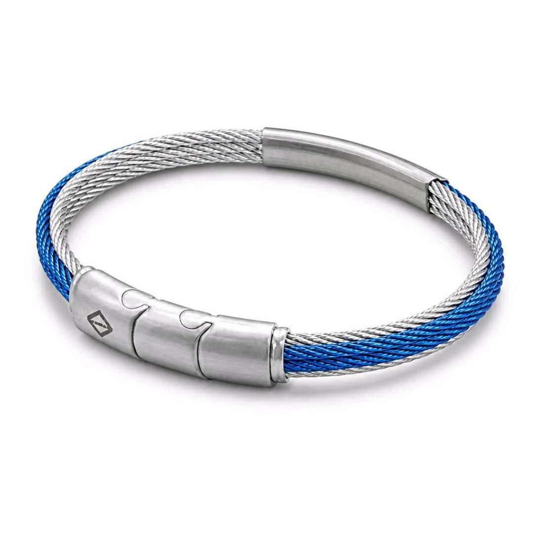 Pulsera Rígida de Acero con Cables Azules y Plateados