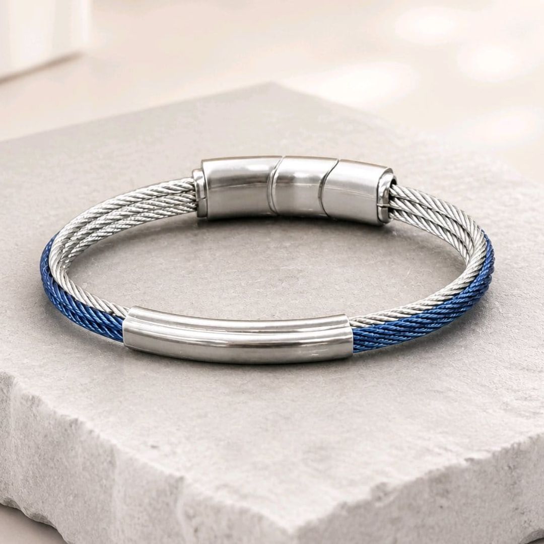 Pulsera Rígida de Acero con Cables Azules y Plateados