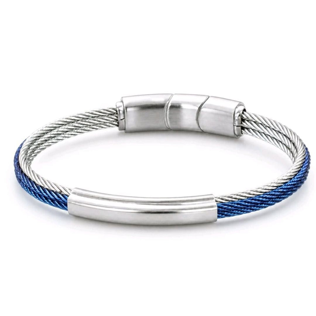 Pulsera Rígida de Acero con Cables Azules y Plateados