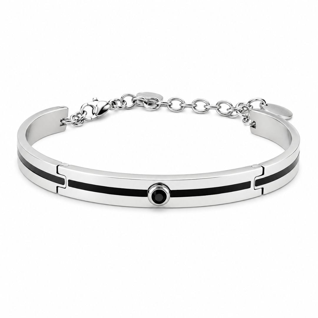 Pulsera Rígida de Acero para Hombre con Piedra Negra