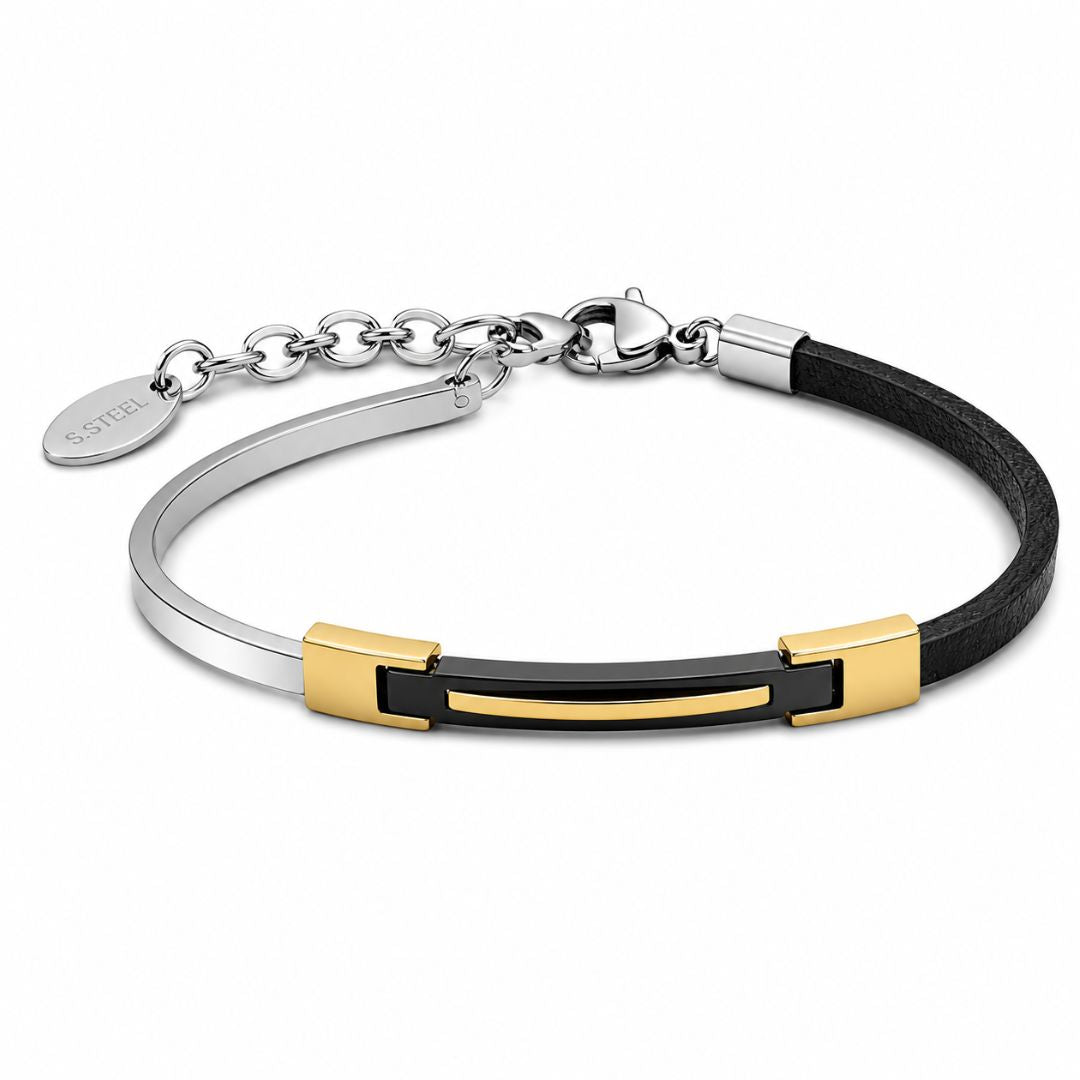 Pulsera Semirrígida de Acero y Cuero para Hombre Bicolor