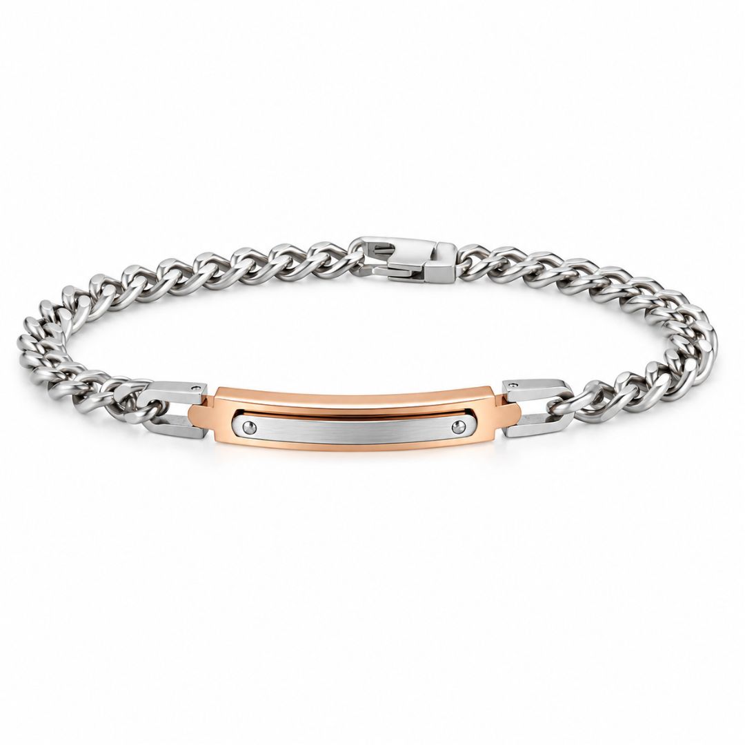 Pulsera de Acero Bicolor con Elemento Decorativo en Rosa