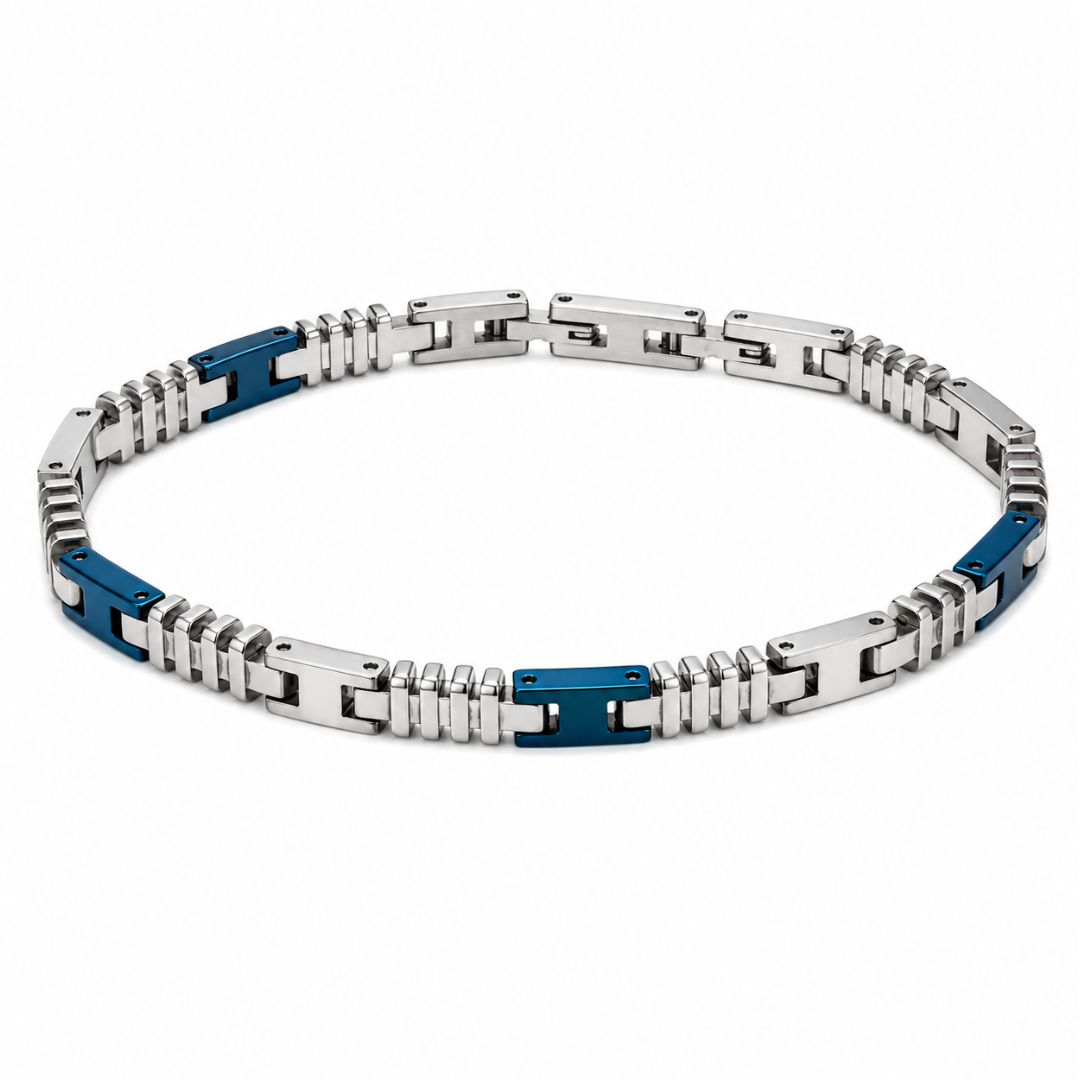 Pulsera de Acero Plateada con Detalles Azul Petróleo
