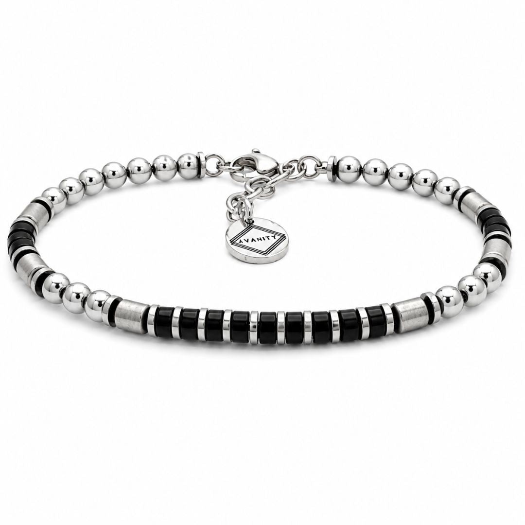 Pulsera de Acero Plateada con Detalles Negros