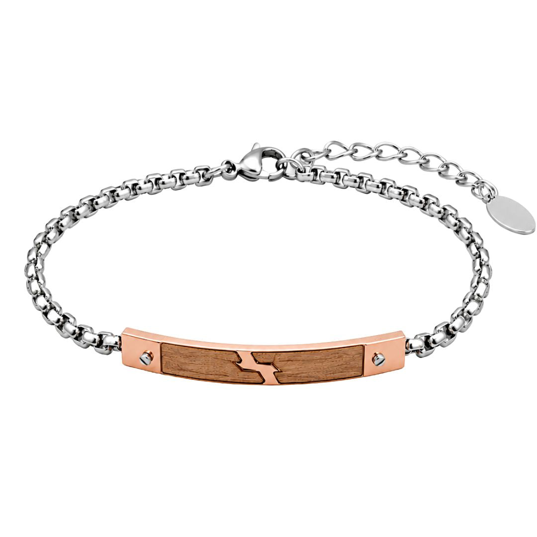 Pulsera de Acero con Detalle de Madera y Acabado en Tono Cobre