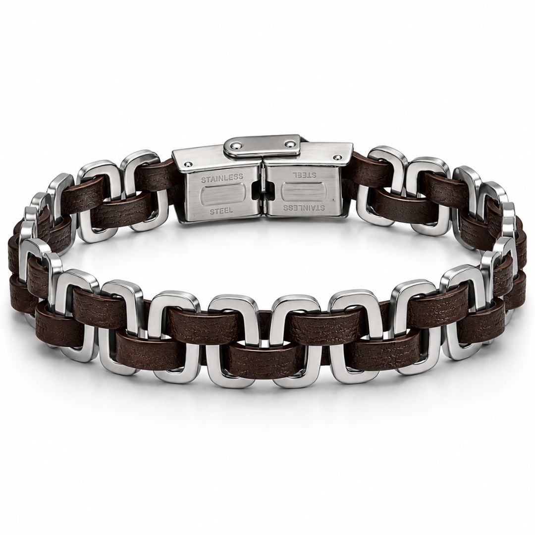 Pulsera de Acero con Piel Marrón Oscuro para Hombre