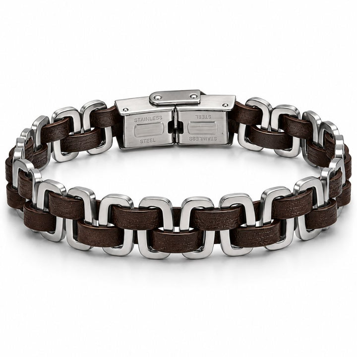 Pulsera de Acero con Piel Marrón Oscuro para Hombre