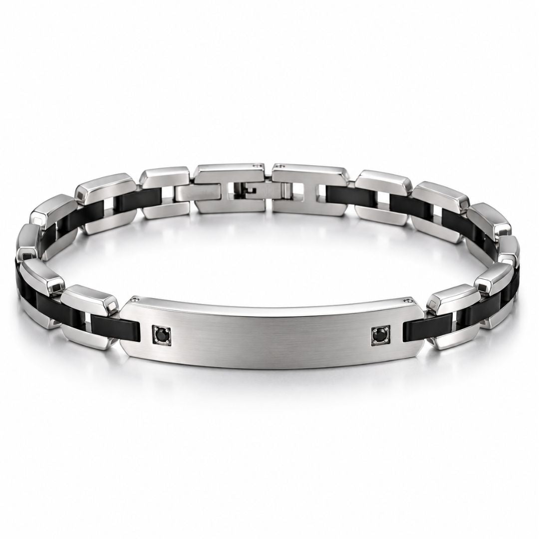 Pulsera de Acero con Elementos Negros y Placa Grabable
