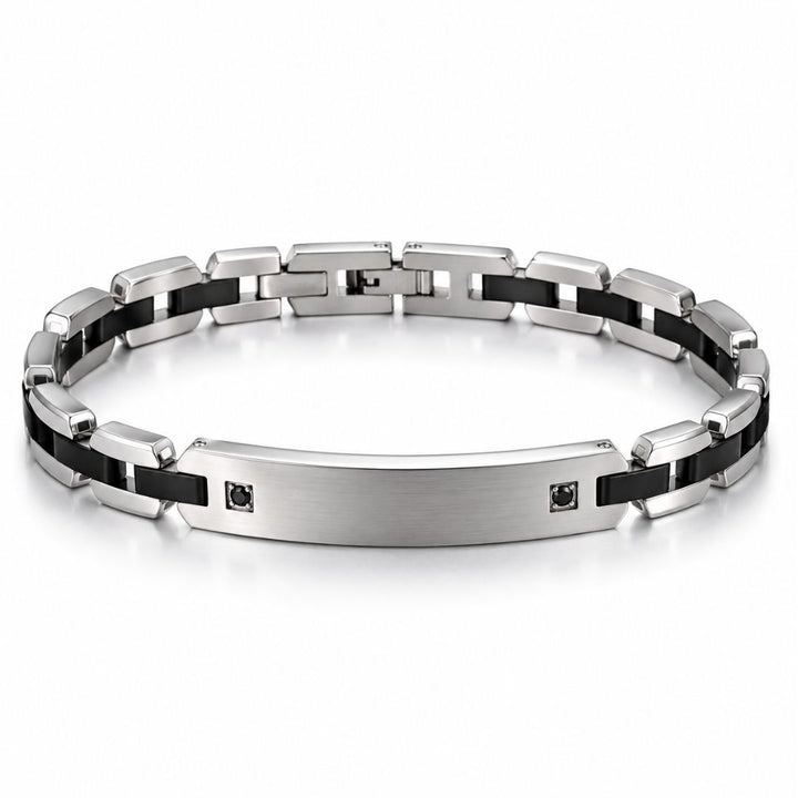 Pulsera de Acero con Elementos Negros y Placa Grabable