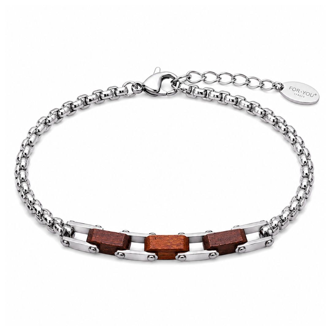 Pulsera de Acero con Tres Detalles de Madera Marrón