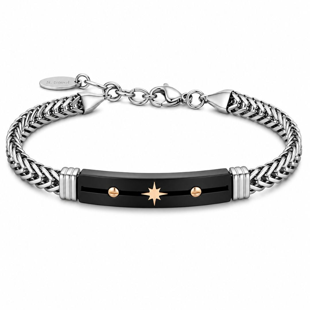 Pulsera de Acero para Hombre con Placa Negra y Estrella Dorada