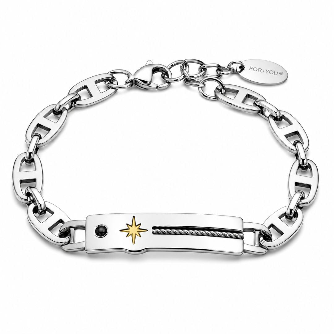 Pulsera de Acero para Hombre con Placa y Estrella Dorada