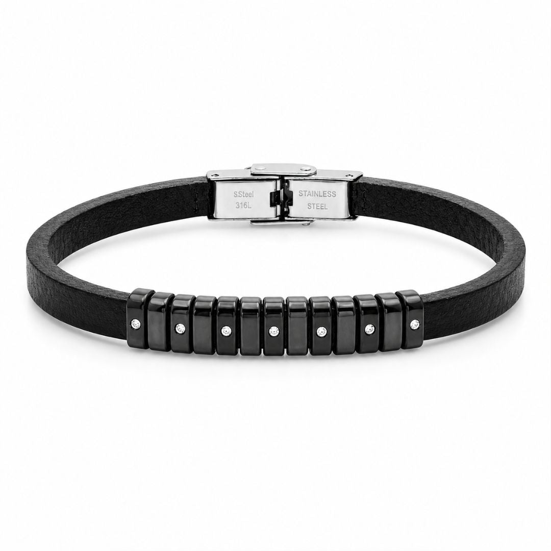 Pulsera de Acero y Piel Negra para Hombre con Detalles Negros