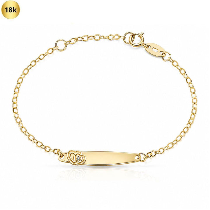 Pulsera de Bebé de Oro 18K con Placa Grabable y Corazones