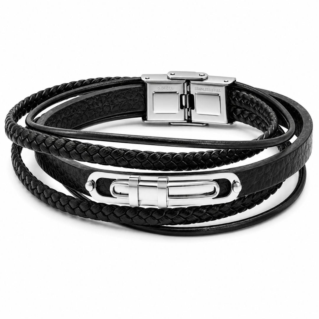 Pulsera de Cuero Multivuelta y Acero para Hombre