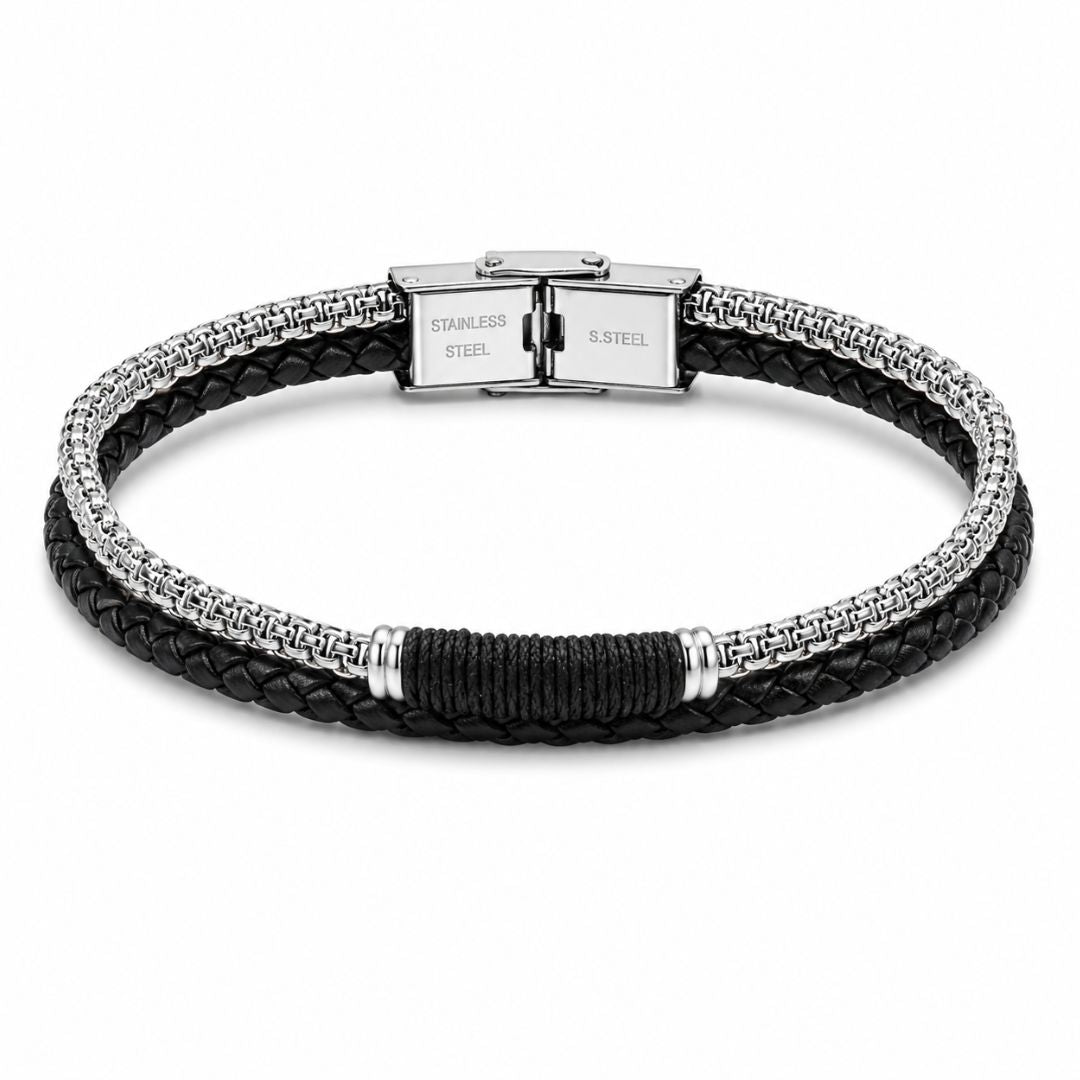 Pulsera de Cuero Trenzado y Acero para Hombre