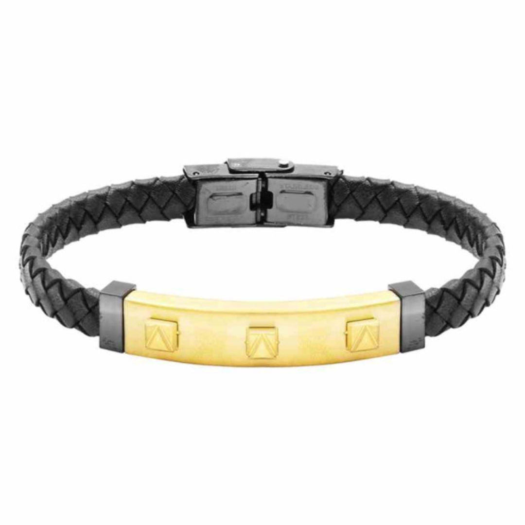 Pulsera de Cuero Trenzado y Acero para Hombre con Placa Dorada