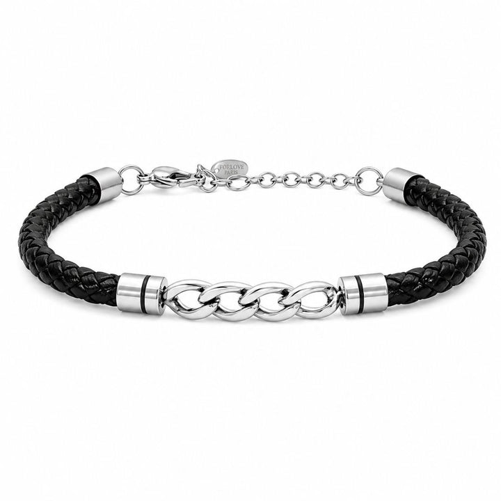 Pulsera de Cuero y Acero para Hombre con Eslabones Centrales