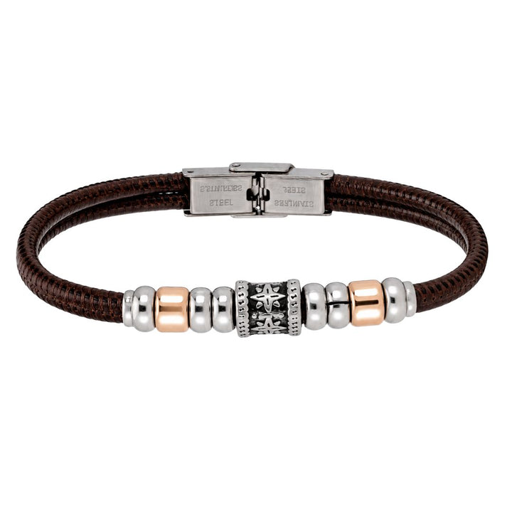 Pulsera de Piel Marrón y Acero Bicolor para Hombre