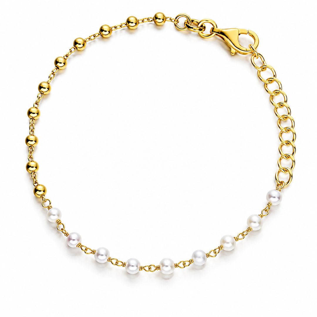 Pulsera de Plata Chapada en Oro con Perlas y Bolas Doradas