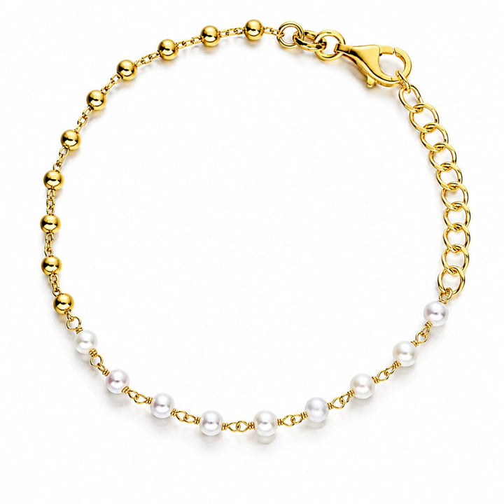 Pulsera de Plata Chapada en Oro con Perlas y Bolas Doradas