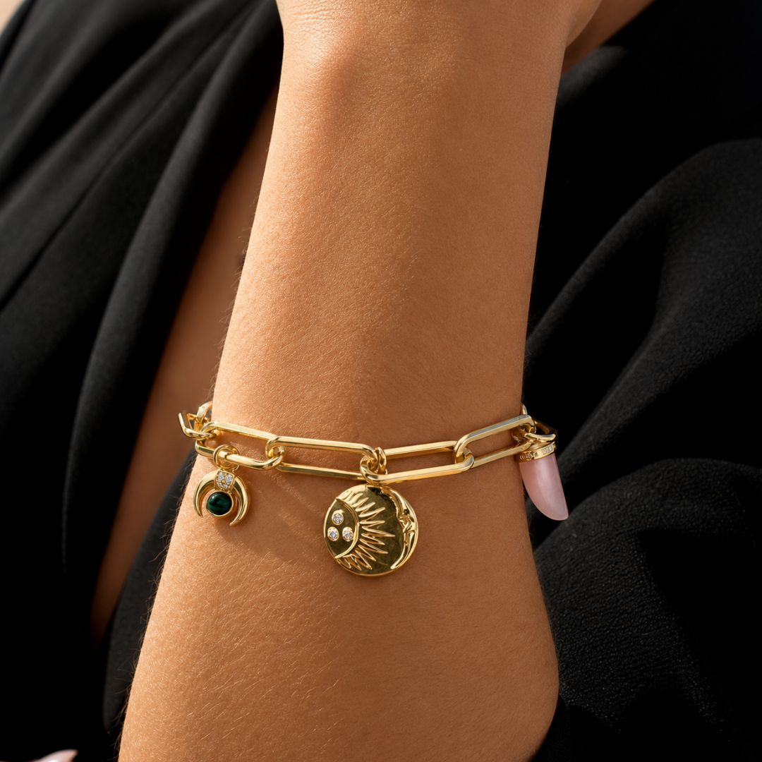 Pulsera de Plata de Ley 925 con Cuarzo Rosa, Malaquita y Sol – Diseño Bohemio
