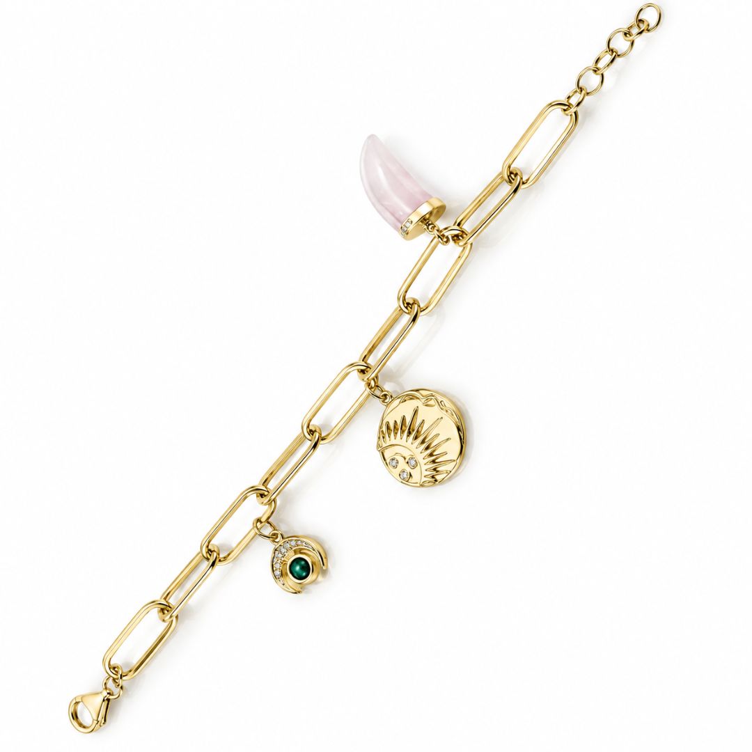 Pulsera de Plata de Ley 925 con Cuarzo Rosa, Malaquita y Sol – Diseño Bohemio
